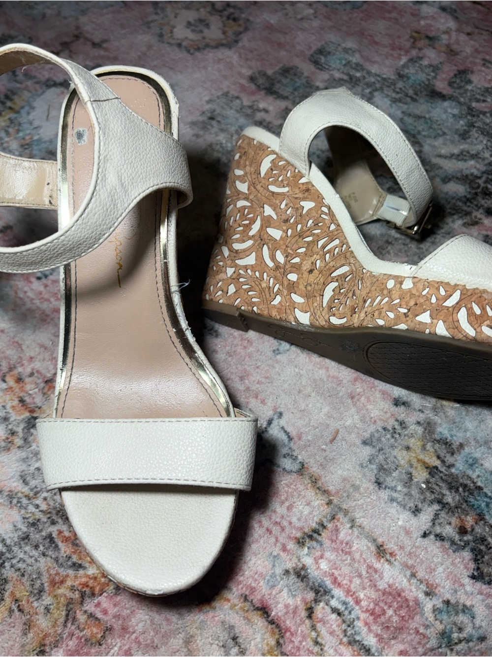 Jessica Simpson Cream Open-Toe Wedge Sandals with Decorative Cork Platform